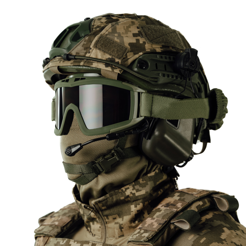Комплект: шолом FAST NIJ IIIA + активні навушники M32H + кавер піксель + балаклава + тактичні окуляри. Колір: олива-піксель